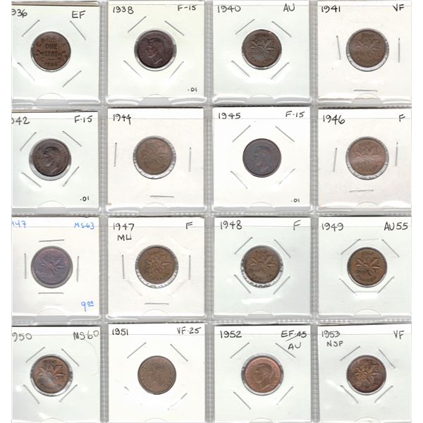 Collection of Canadian One Cent Coins - 1936-1953