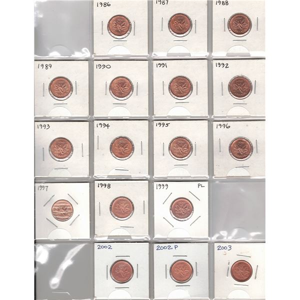 Collection of Canadian One Cent Coins - 1986-2003