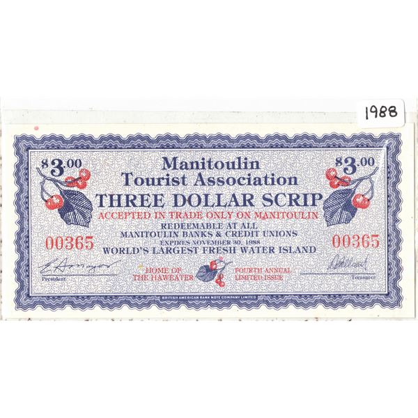 1988 Manitoulin Toursit Association Three Dollar Scrip