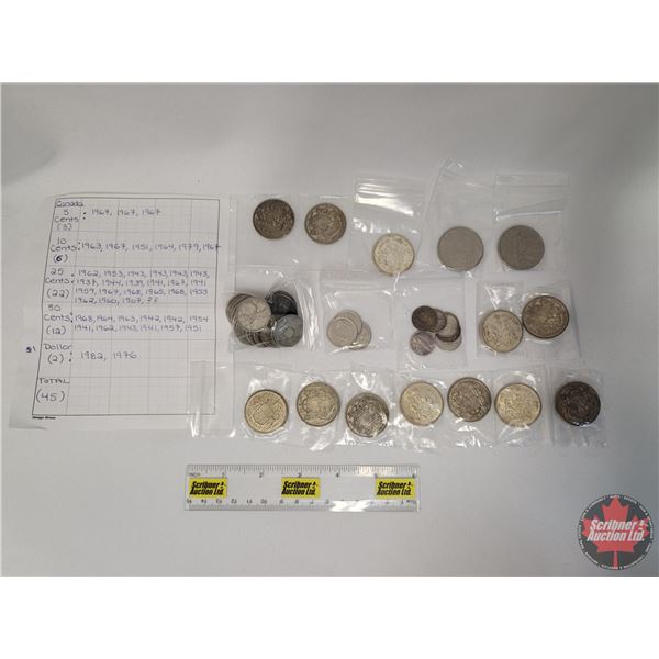 Jar of Canada Coins (45 Coins): Incl. Five Cent, Ten Cent, Twenty Five Cent, Fifty Cent, One Dollar 