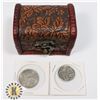 SMALL TREASURE CHEST WITH 50 PENCE COIN & TOKEN