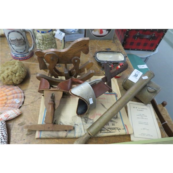 Vtg. Pesticide Sprayer, Butter Dish, Wood Horse & Stereo Viewers