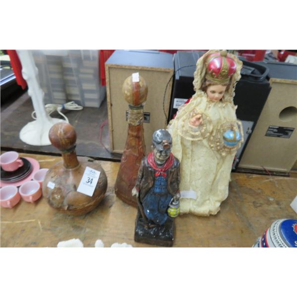 Carved Wood Decanter, Doll & Figurine