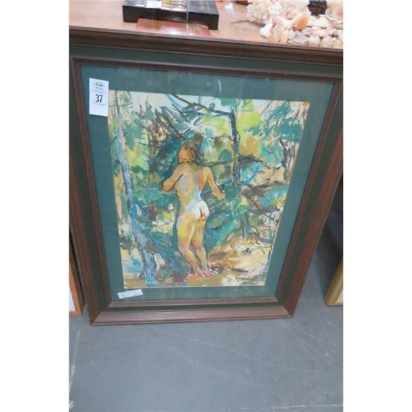 Framed Water Color Nude Woman In Forest -33" x 27"