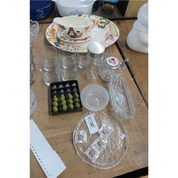Painted Ceramic Platter, Glassware & Dishes