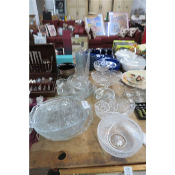 Crystal Vase, Crystal Footed Dish, Divided Dish & Glass Platters