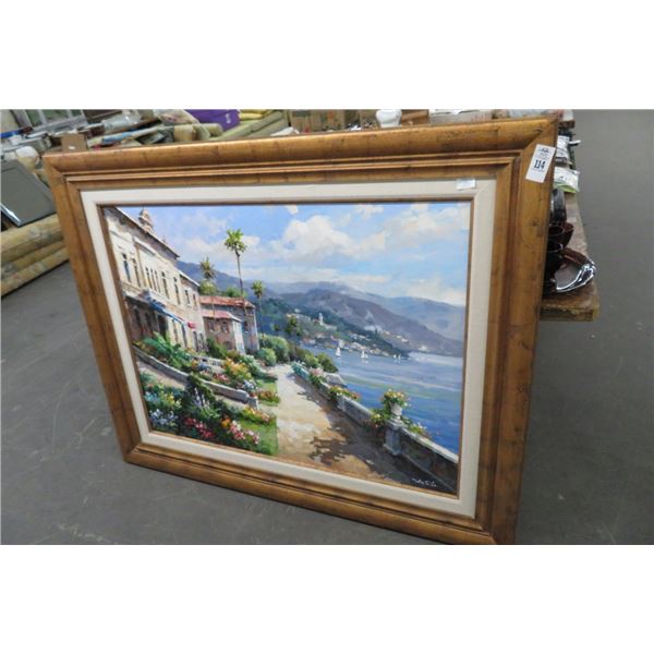 Large Framed/Signed Italy Water Scene Oil On Canvas