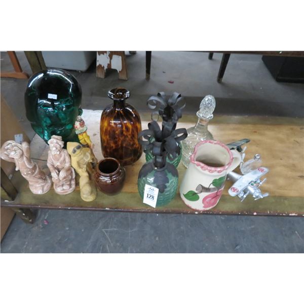 Shelf Lot of Asst. Vases, Clay Pitcher, Figurines