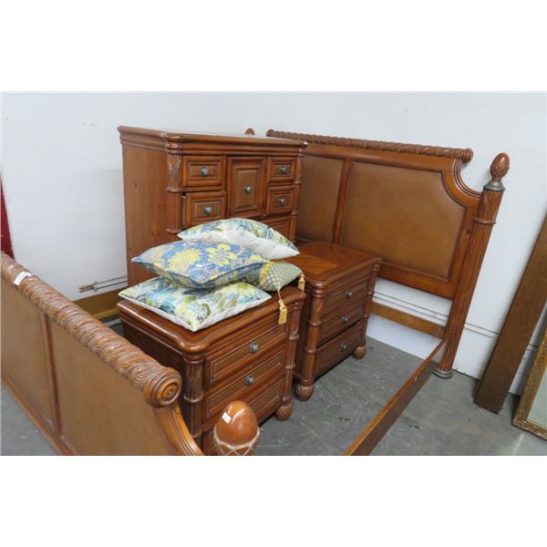 Carved Mahogany King Bed Frame, Highboy Dresser, 2 Nightstands