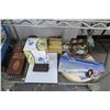Image 1 : Shelf of Asst. Boxes, Décor, RCA Clock Radio, Frames