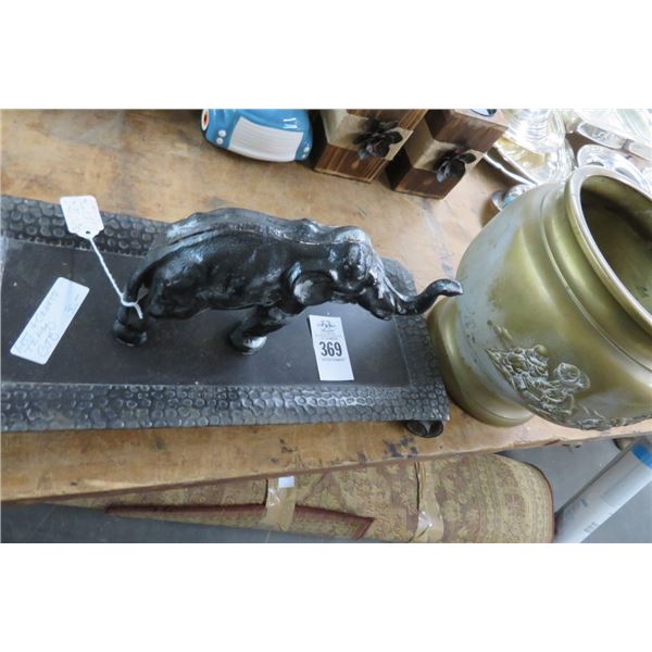 Cast Elephant Door Stop, Footed Tray, Brass Vase
