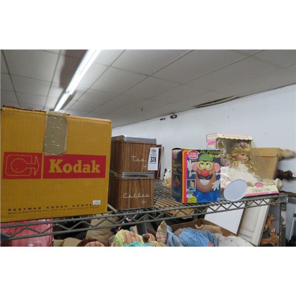 Kodak Instamatic Movie Projector, Tea Tins, Potatoe Head & Dolls