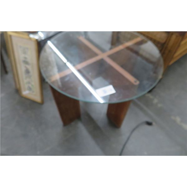 Teak? Base Round Glasstop Table Mid Century Modern