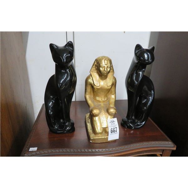 Cast Egyptian Figurines & 2 Porcelain Black Cats