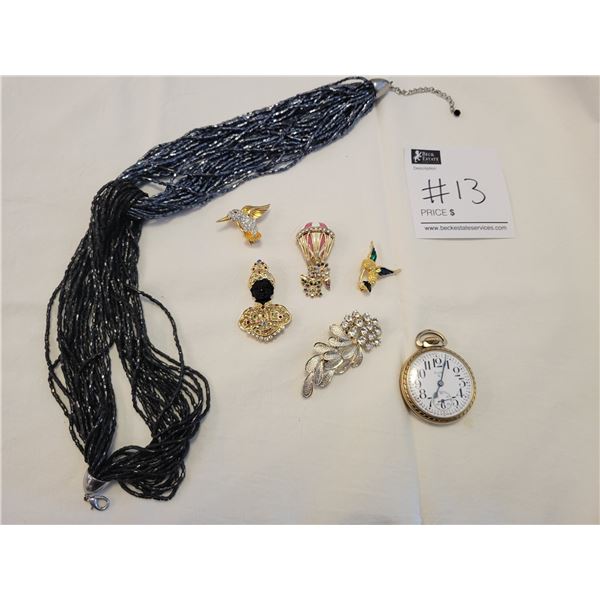 High End Fashion Jewelry - 5 Brooches, a Necklace & an Elgin Pocket Watch