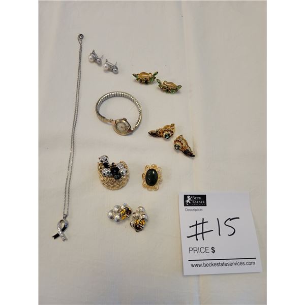 High End Fashion Jewelry - Bulova Watch, 2 Brooches, 4 pairs of Earrings & 1 Necklace