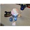 Image 1 : Canadian Rockies Horse Figurine, 2 Blown Glass Ornaments, Hand-Made Flower in Italy White Crystal.