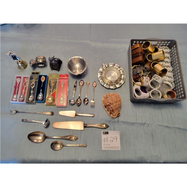 Collectors Spoons, Napkin Rings, Silver Plated Flatware, Conch Shell & Barcelona Bell