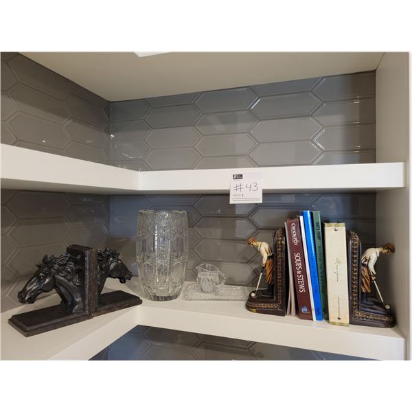 Golfer and Horse Bookends, Cookbooks, Crystal Vase & Crystal Sundae Dishes