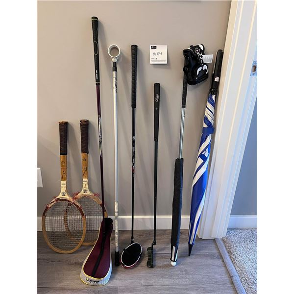 Vintage Tennis Rackets, 3 Golf Clubs, Ball Retriever, 2 Umbrellas & Leather Pouch