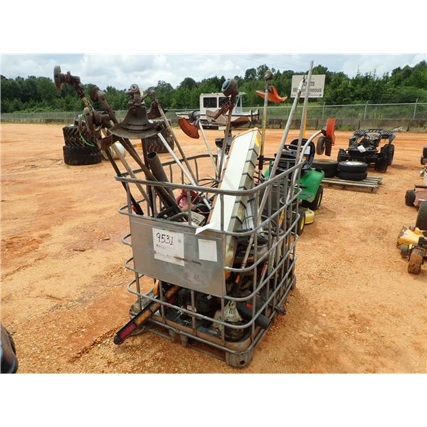 CRATE OF TRIMMERS, BLOWERS, CHAINSAWS & 2 LIGHT BARS