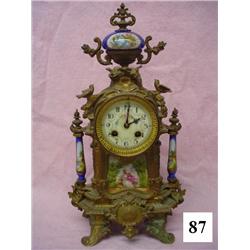 Antique 17 Inch Tall Porcelain & Metal Wind-Up Mantle Clock