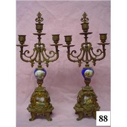 Antique 17 Inch Tall Porcelain & Metal Candelabras