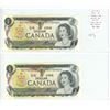 Image 1 : Lot of 2 1973 $1 notes with Consecutive Serial Numbers. Crow-Bouey signatures. BCT Prefix. Serial Nu