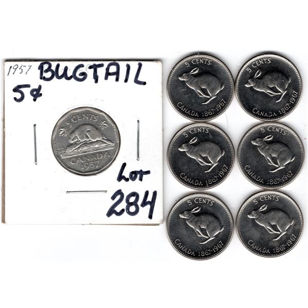 1957 BUGTAIL 5 CENTS & 6 1967 RABBIT 5 CENTS