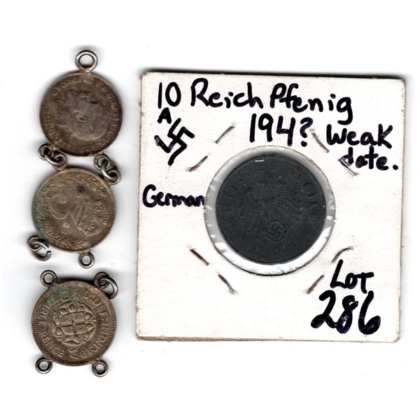 1940’S NAZI COIN & 3 BRITISH JEWELRY 3 P SILVER COINS
