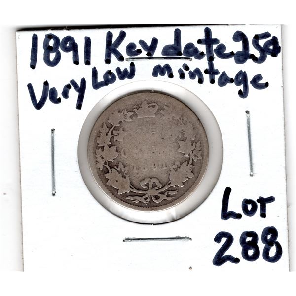 SCARCE KEY DATE 1891 25 CENTS LOW MINTAGE