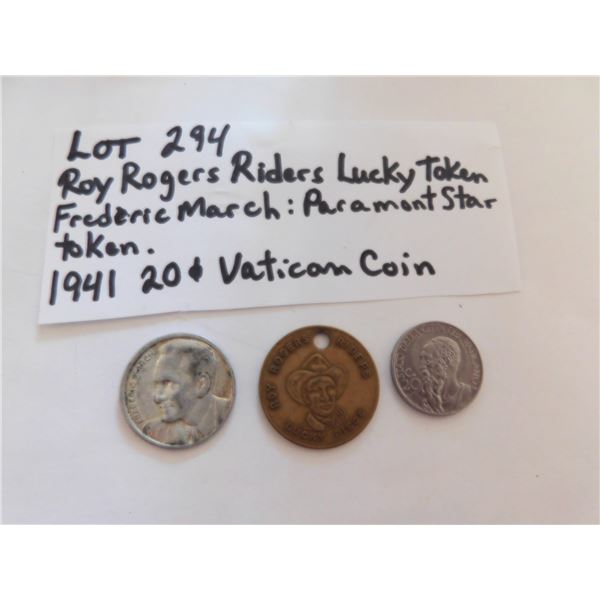 ROY ROGERS, FREDERIC MARCH TOKEN & 1941 VATICAN COIN