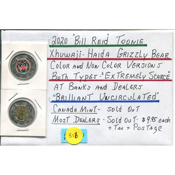 2x 2020 "Bill Reid" Toonies Xhuwaji-Haida Bear (Colour + Non-Colour)