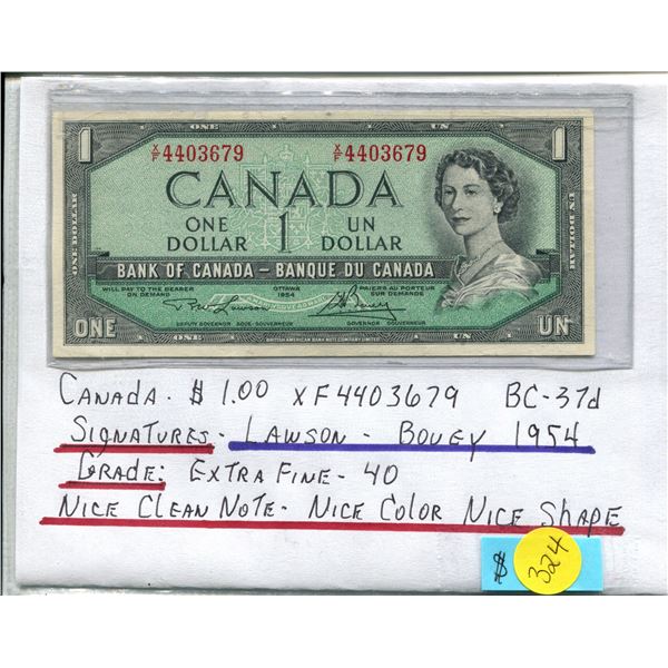 Bank of Canada $1 Note -1954