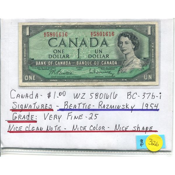 Bank of Canada $1 Note -1954