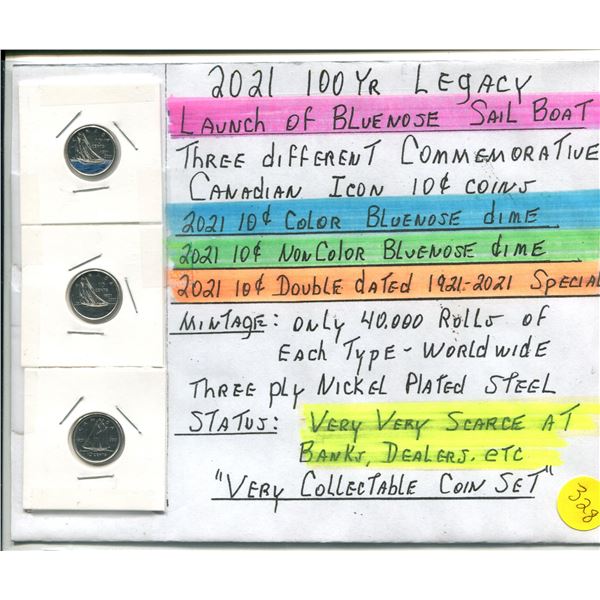 Three 2021 100 Year Legacy "Launch of Blue Nose" Dimes (1x Colour)