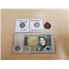Image 1 : lot w/ Pound note, Gr. Britain coin, Victoria coin, Medal