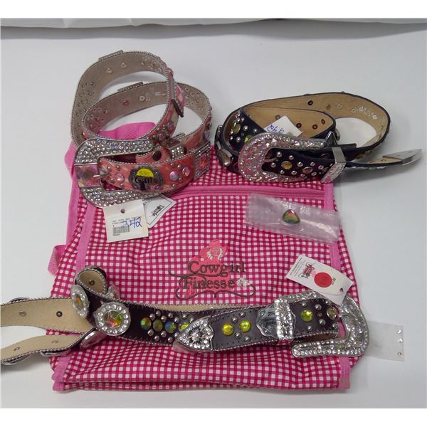 Cowgirl Finesse Belt Lot (Pink, Black, & Brown) with pink bag