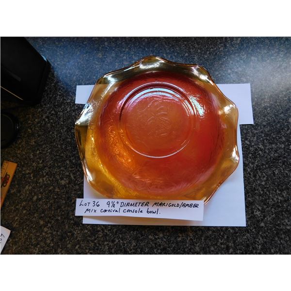 9 ½” DIAMETER MARIGOLD-AMBER CARNIVAL GLASS CONSOLE BOWL