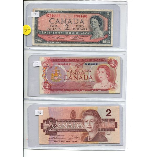 1954, 1974, 1986 Bank of Canada $2 Notes