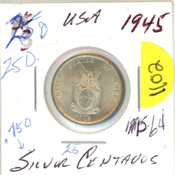 1945 USA silver 20 centuros Phillipanos (WWII) MS-64