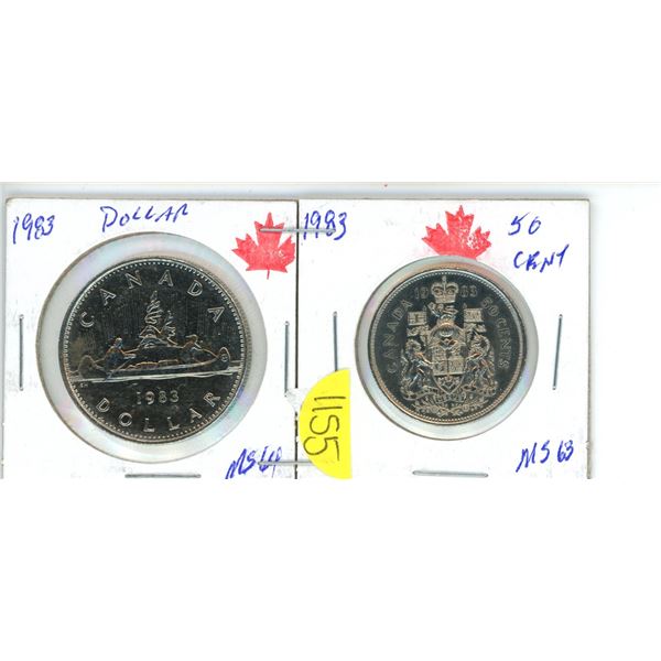 1983; Set of 2 coins, Dollar and 50¢; MS-64 and MS-63 respectively