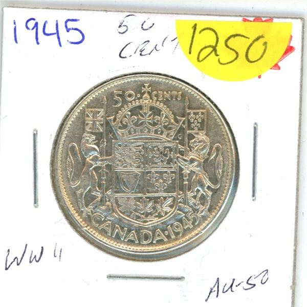 1945; CDN 50¢ piece, 80% Silver; 1,959,528 minted W.W.II