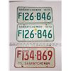 Image 1 : Pair of matching 1970 Saskatchewan farm plates + '75 Red lettering Saskatchewan farm plate