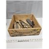 Image 1 : Cut down wooden butter box full of old chisels and tools