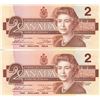 Image 1 : CANADA 1986: 2-$2.00 BANKNOTES—CRISP—S/N IN SUCCESSION 9336-9337