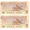 Image 2 : CANADA 1986: 2-$2.00 BANKNOTES—CRISP—S/N IN SUCCESSION 9336-9337