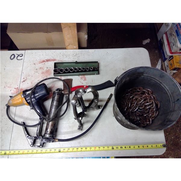 Bucket of Misc. Tools - Drill, Socket Set, Hatchet