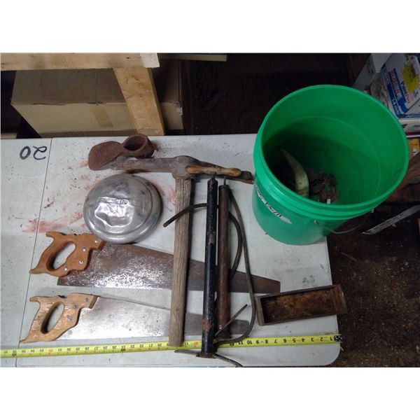 Bucket of Misc. Tools - Handsaws, Pickaxe, Pumps