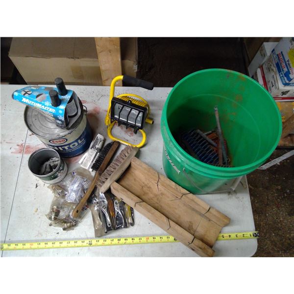 Bucket of Misc. Tools - Wrench Set, Work Light, Springs